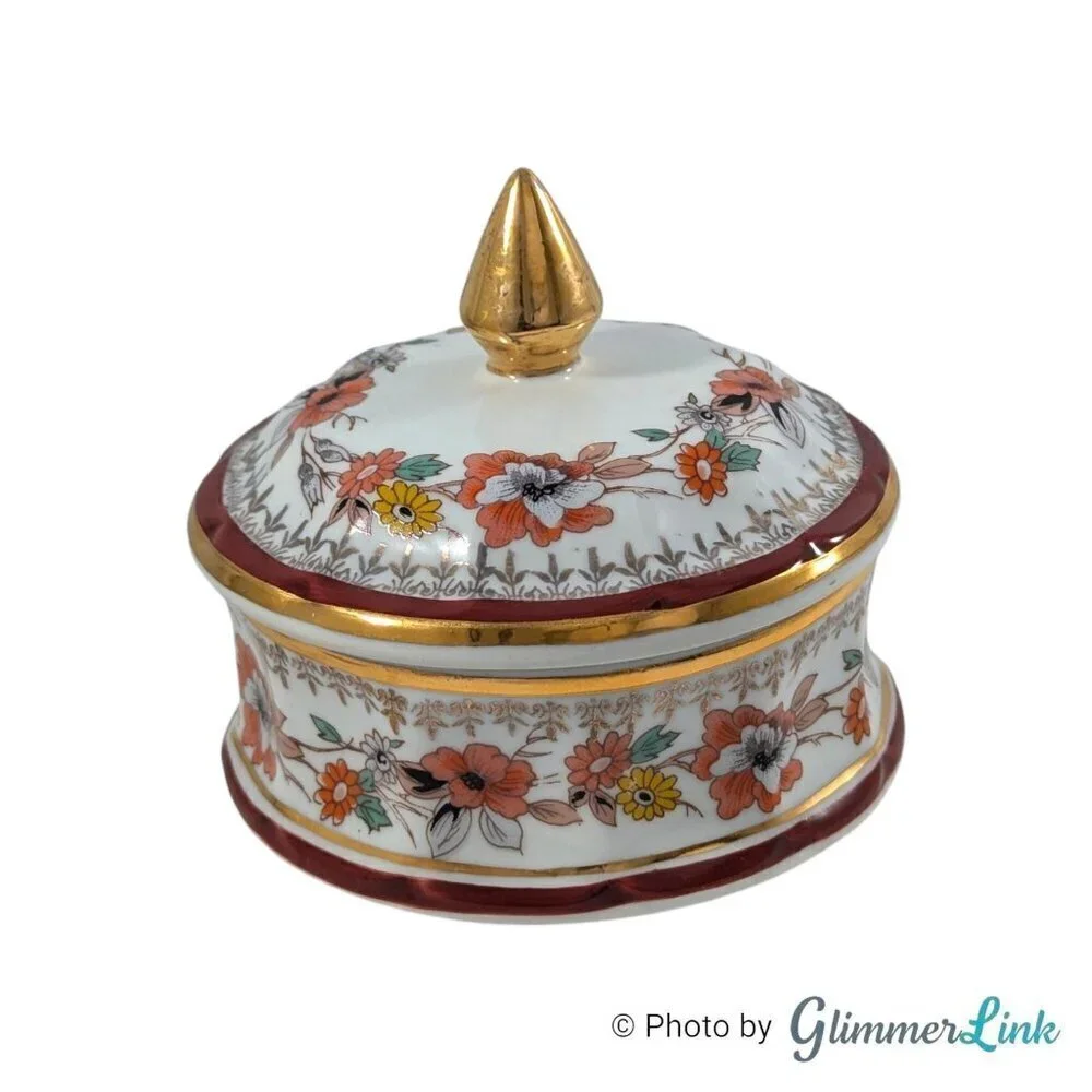 Vintage Porcelanas Portugal Multi Color Floral Porcelain Candy Dish Trinket Box